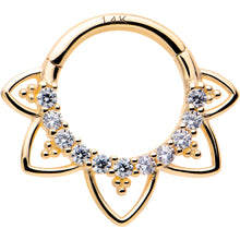 Load image into Gallery viewer, 16G 5/16 Clear CZ Gem 14k Yellow Gold Filigree Hinged Segment Ring
