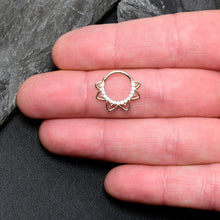 Load image into Gallery viewer, 16G 3/8 Clear CZ Gem 14k Yellow Gold Filigree Hinged Segment Ring
