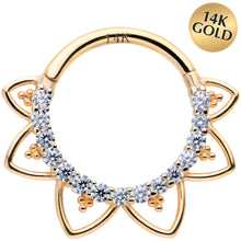 Load image into Gallery viewer, 16G 3/8 Clear CZ Gem 14k Yellow Gold Filigree Hinged Segment Ring
