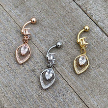 Load image into Gallery viewer, Clear CZ Gem Gold Tone Lush Leaf Dangle Belly Ring
