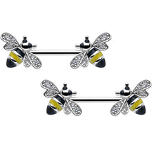 Load image into Gallery viewer, 14G 9/16 Clear CZ Gem Honey Bees Barbell Nipple Ring Set
