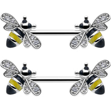 Load image into Gallery viewer, 14G 9/16 Clear CZ Gem Honey Bees Barbell Nipple Ring Set
