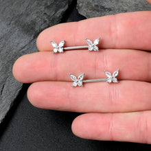 Load image into Gallery viewer, 14G 9/16 Clear CZ Gem Butterflies Barbell Nipple Ring Set
