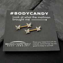 Load image into Gallery viewer, 14G 9/16 Clear CZ Gem Gold Tone Butterflies Barbell Nipple Ring Set
