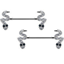 Load image into Gallery viewer, 14G 9/16 Clear Black CZ Gem Sexy Snakes Barbell Nipple Ring Set
