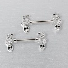 Load image into Gallery viewer, 14G 9/16 Clear Black CZ Gem Sexy Snakes Barbell Nipple Ring Set
