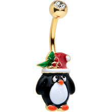 Load image into Gallery viewer, Clear Gem Gold Tone Holly Hat Penguin Holiday Belly Ring

