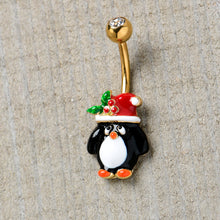 Load image into Gallery viewer, Clear Gem Gold Tone Holly Hat Penguin Holiday Belly Ring
