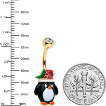 Load image into Gallery viewer, Clear Gem Gold Tone Holly Hat Penguin Holiday Belly Ring
