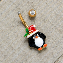 Load image into Gallery viewer, Clear Gem Gold Tone Holly Hat Penguin Holiday Belly Ring
