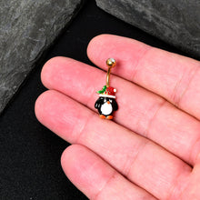 Load image into Gallery viewer, Clear Gem Gold Tone Holly Hat Penguin Holiday Belly Ring
