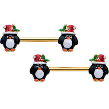 Load image into Gallery viewer, 14G 9/16 Gold Tone Holly Hat Penguin Barbell Nipple Ring Set
