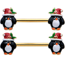 Load image into Gallery viewer, 14G 9/16 Gold Tone Holly Hat Penguin Barbell Nipple Ring Set
