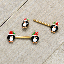 Load image into Gallery viewer, 14G 9/16 Gold Tone Holly Hat Penguin Barbell Nipple Ring Set
