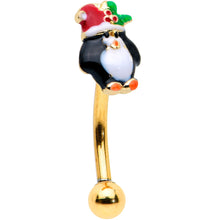 Load image into Gallery viewer, 16G 5/16 Gold Tone Holly Hat Penguin Holiday Curved Eyebrow Ring
