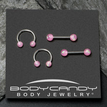 Load image into Gallery viewer, 14G 3/8 9/16 Pink Faux Opal Horseshoe Barbell Nipple Ring Set of 4
