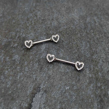 Load image into Gallery viewer, 14G 9/16 Clear Gem Open Heart Valentine Barbell Nipple Ring Set
