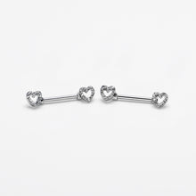 Load image into Gallery viewer, 14G 9/16 Clear Gem Open Heart Valentine Barbell Nipple Ring Set
