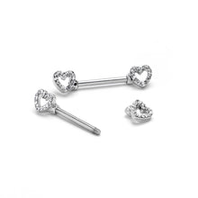 Load image into Gallery viewer, 14G 9/16 Clear Gem Open Heart Valentine Barbell Nipple Ring Set
