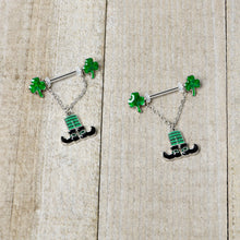 将图片加载到图库查看器，14G 11/16 Leprechaun Legs Shamrock Chain Dangle Nipple Ring Set
