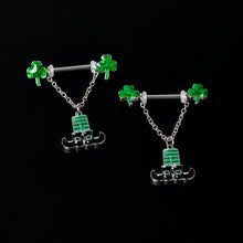将图片加载到图库查看器，14G 11/16 Leprechaun Legs Shamrock Chain Dangle Nipple Ring Set
