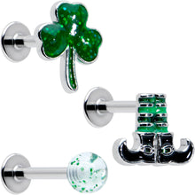 Load image into Gallery viewer, 16G 1/4 Leprechaun Legs Shamrock UV Glow Labret Set of 3

