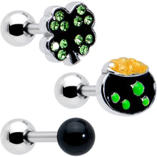 Load image into Gallery viewer, 16G 1/4 Green Gem  Shamrock Pot of Gold Cartilage Earring Curation Set of 3
