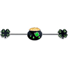 Load image into Gallery viewer, 14G Green Gem Shamrock Pot of Gold Industrial Barbell 38mm
