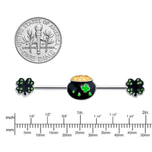 Load image into Gallery viewer, 14G Green Gem Shamrock Pot of Gold Industrial Barbell 38mm
