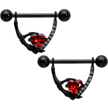 Load image into Gallery viewer, 14G 11/16 Red Clear CZ Gem Heart Claw Hand Dangle Nipple Ring Set
