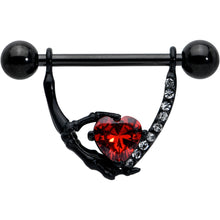 Load image into Gallery viewer, 14G 11/16 Red Clear CZ Gem Heart Claw Hand Dangle Nipple Ring Set
