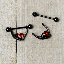 Load image into Gallery viewer, 14G 11/16 Red Clear CZ Gem Heart Claw Hand Dangle Nipple Ring Set

