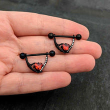 Load image into Gallery viewer, 14G 11/16 Red Clear CZ Gem Heart Claw Hand Dangle Nipple Ring Set
