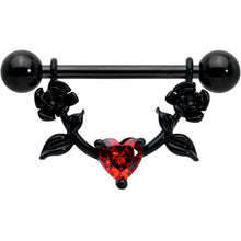 Load image into Gallery viewer, 14G 11/16 Red CZ Gem Black Heart Flower Dangle Nipple Ring Set
