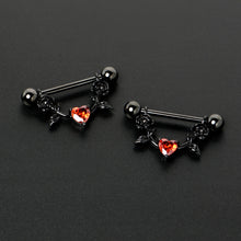 Load image into Gallery viewer, 14G 11/16 Red CZ Gem Black Heart Flower Dangle Nipple Ring Set
