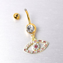 将图片加载到图库查看器，Pink Clear Gem Gold Tone Wide Eye Dangle Belly Ring

