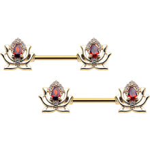 Load image into Gallery viewer, 14G 9/16 Red Gem Gold Tone Royal Lotus Barbell Nipple Ring Set
