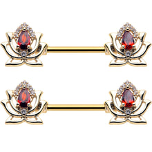 Load image into Gallery viewer, 14G 9/16 Red Gem Gold Tone Royal Lotus Barbell Nipple Ring Set
