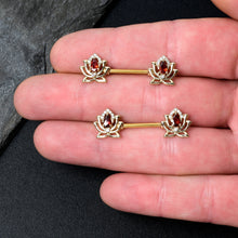 Load image into Gallery viewer, 14G 9/16 Red Gem Gold Tone Royal Lotus Barbell Nipple Ring Set
