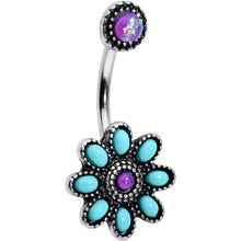 Load image into Gallery viewer, Blue Faux Opal Flower Teal Petals Double Mount Belly Ring
