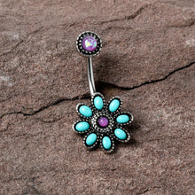 Load image into Gallery viewer, Blue Faux Opal Flower Teal Petals Double Mount Belly Ring
