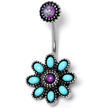 Load image into Gallery viewer, Blue Faux Opal Flower Teal Petals Double Mount Belly Ring
