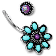 Load image into Gallery viewer, Blue Faux Opal Flower Teal Petals Double Mount Belly Ring

