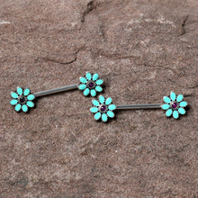 Load image into Gallery viewer, 14G 9/16 Blue Faux Opal Flower Teal Petals Barbell Nipple Ring Set
