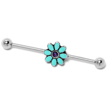 将图片加载到图库查看器，14G Blue Faux Opal Flower Teal Petals Industrial Barbell 38mm

