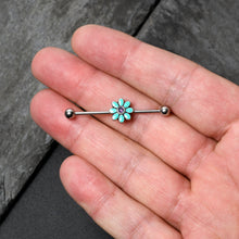 将图片加载到图库查看器，14G Blue Faux Opal Flower Teal Petals Industrial Barbell 38mm

