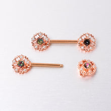 Load image into Gallery viewer, 14G 9/16 Vitrail Gem Rosy Hue Flower Barbell Nipple Ring Set
