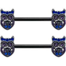 将图片加载到图库查看器，14G 9/16 Purple Blue Gem Black Opulent Owl Barbell Nipple Ring Set
