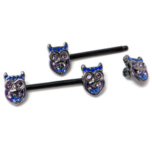 将图片加载到图库查看器，14G 9/16 Purple Blue Gem Black Opulent Owl Barbell Nipple Ring Set
