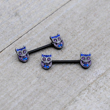 将图片加载到图库查看器，14G 9/16 Purple Blue Gem Black Opulent Owl Barbell Nipple Ring Set
